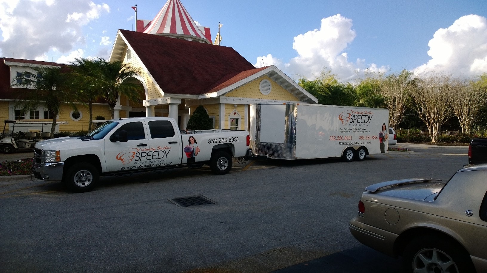 Image of a Speedy Floor Removal branded truck outside a job in North Central Florida